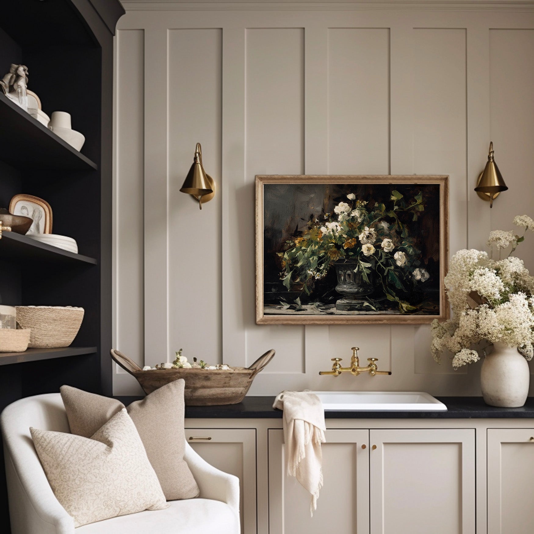 Black Vase of Drooping White Roses Victorian Art Print – Paper House ...