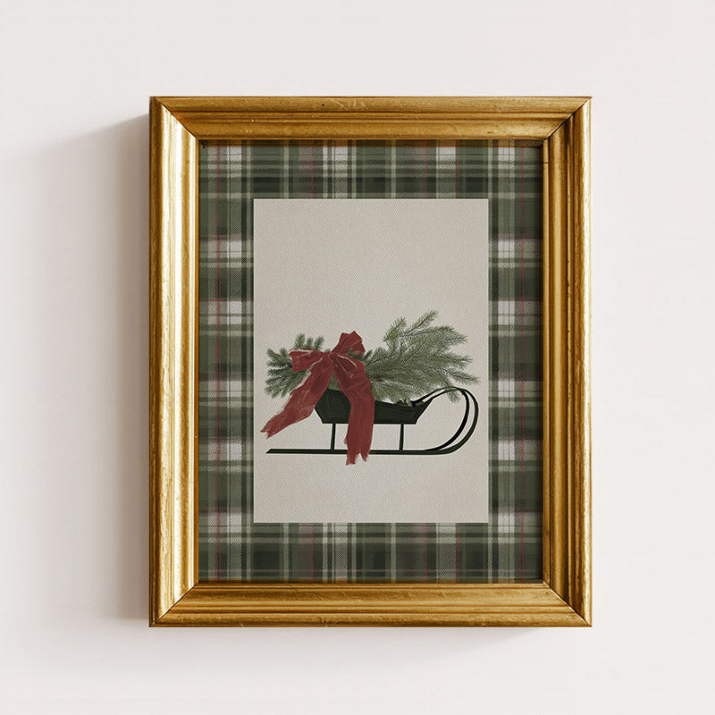 Green Plaid Sleigh Christmas Art Print – Paper House Print Shop
