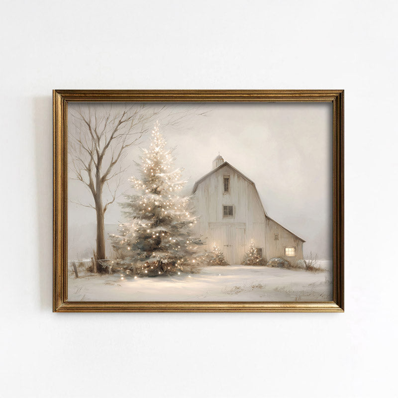 Homestead White Barn Christmas Art Print – Paper House Print Shop