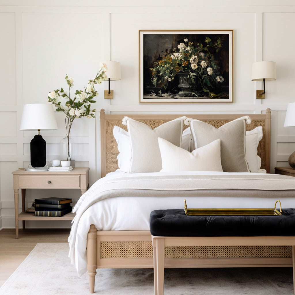 Black Vase of Drooping White Roses Victorian Art Print – Paper House ...