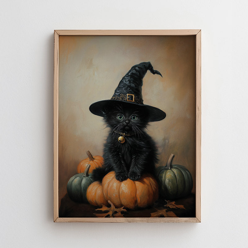 Kitten Sitting On Pumpkins With Witch Hat Art Print – Paper House Print ...