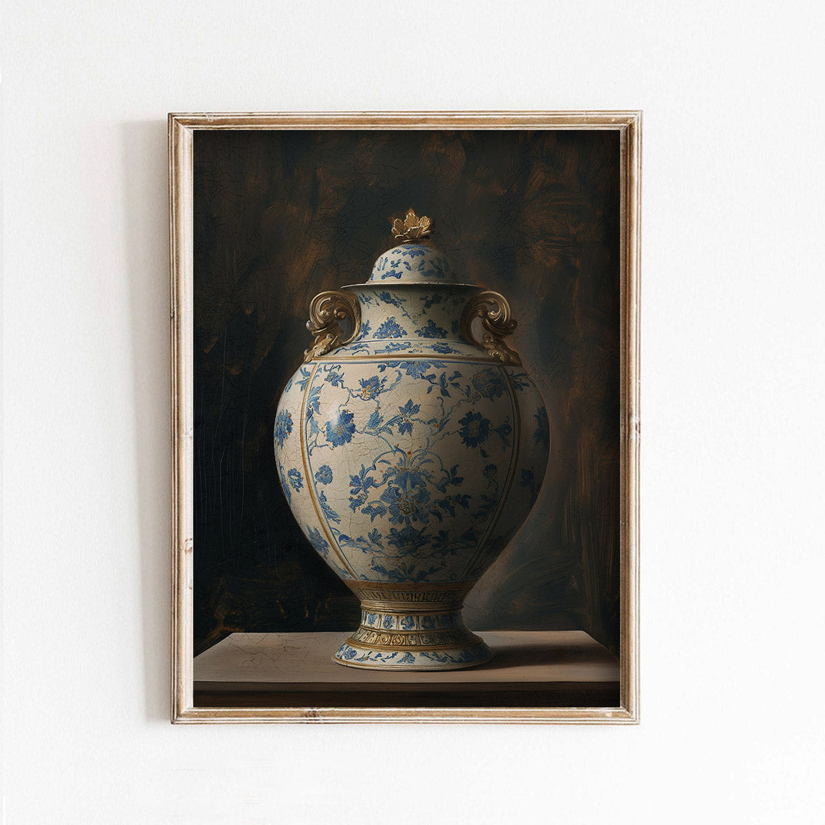 Blue Antique Chinoiserie Pot on Dark Background Art Print
