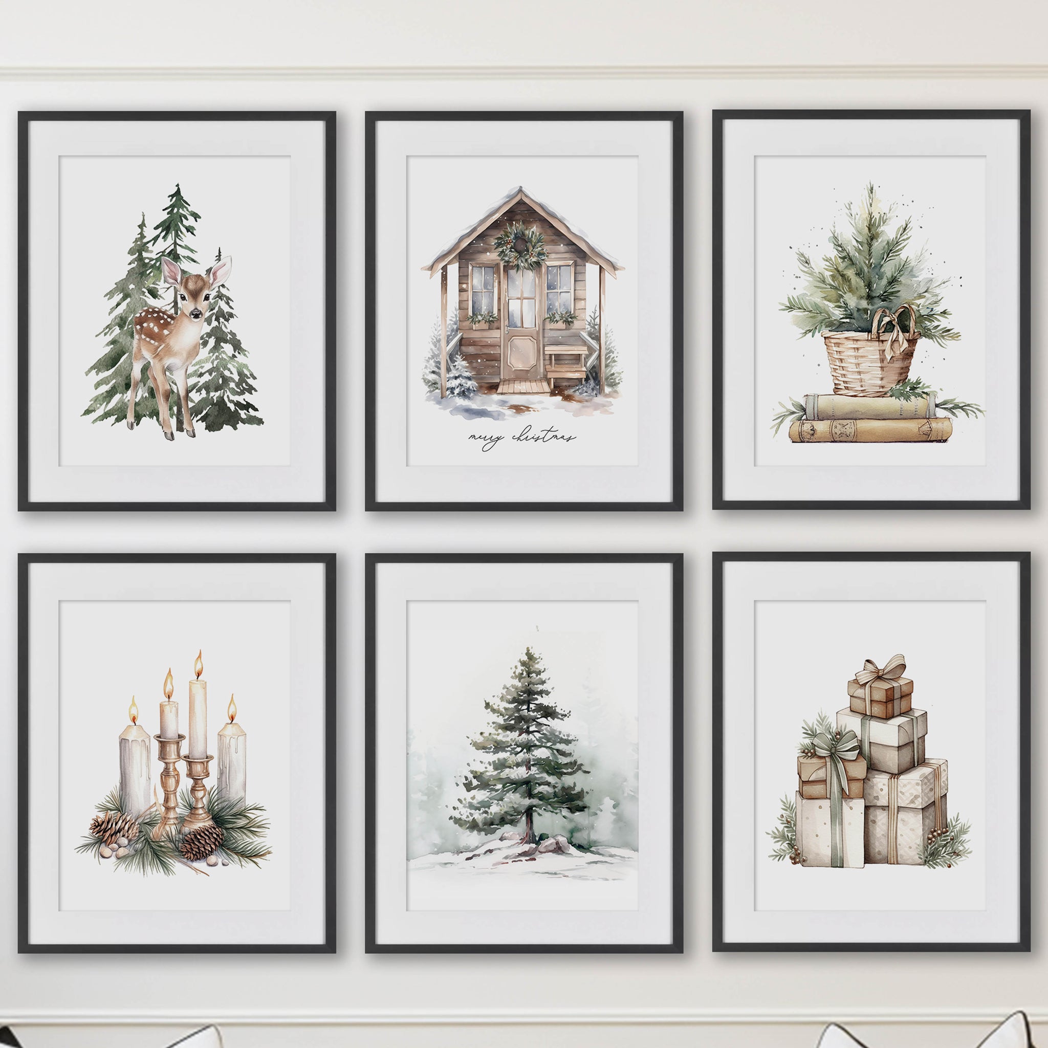 minimalist green christmas art set of 6 art prints – paper house